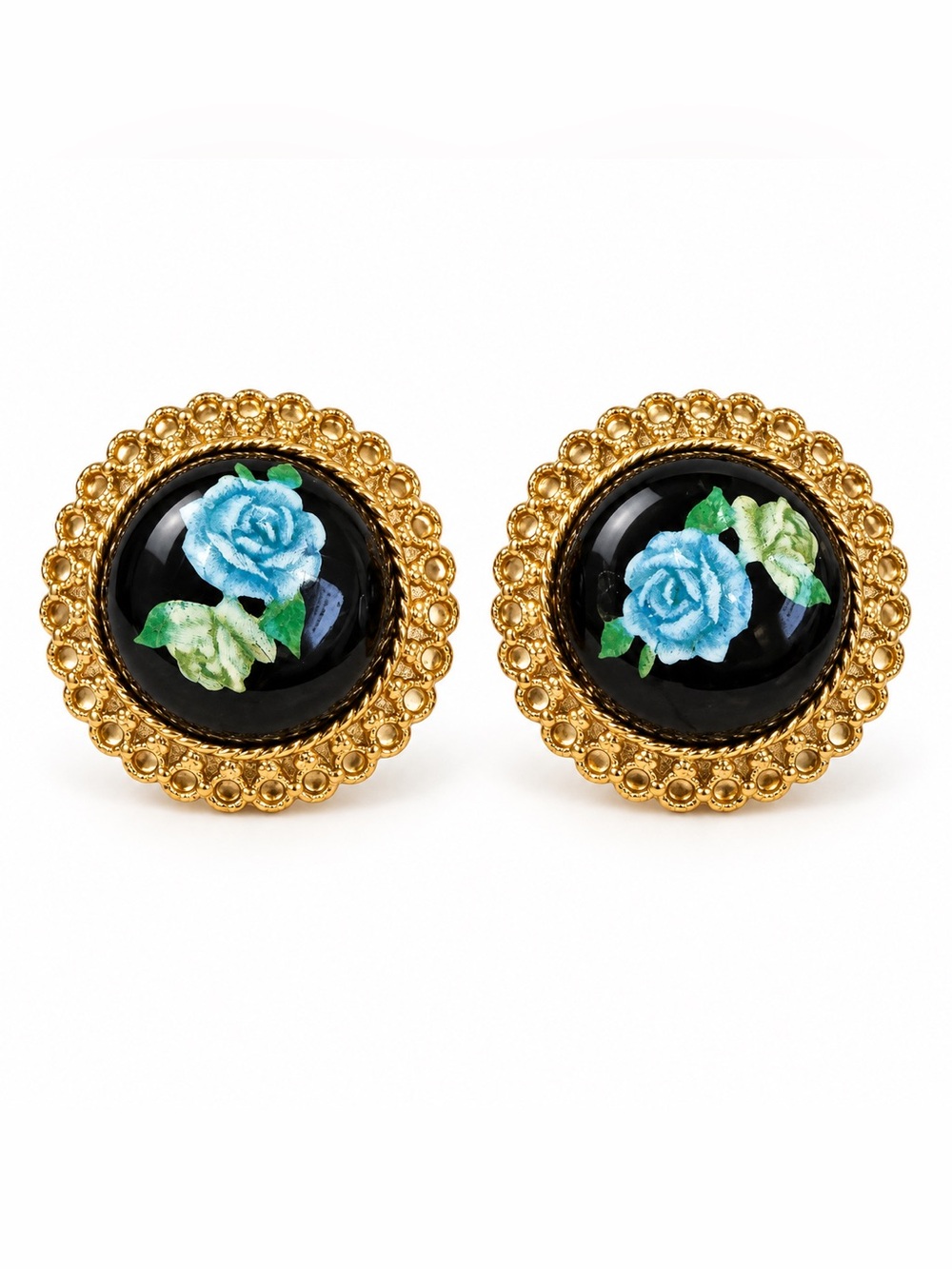 Vintage Like Gold-Tone Blue Rose Cabochon Clip Earrings Brand New Never Worn